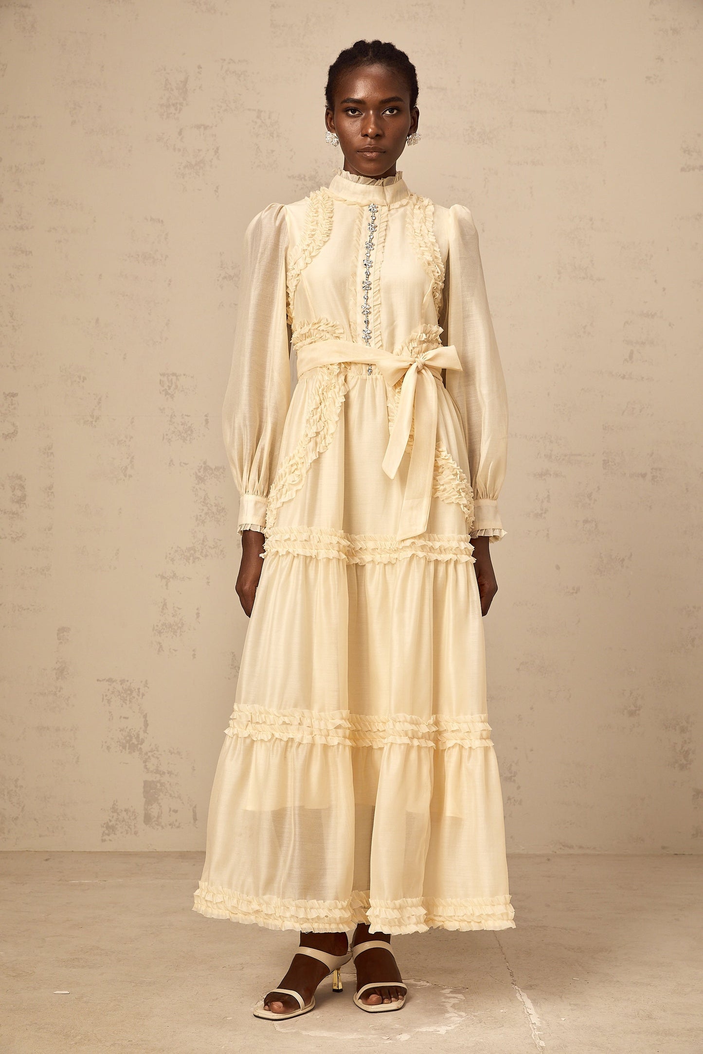 Marceline yellow ruffled-trim tiered midi dress