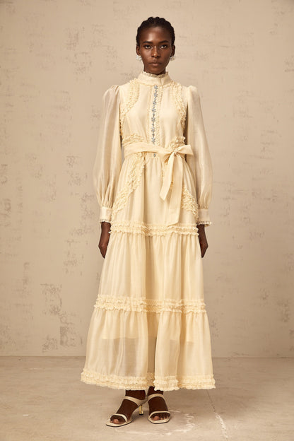 Marceline yellow ruffled-trim tiered midi dress
