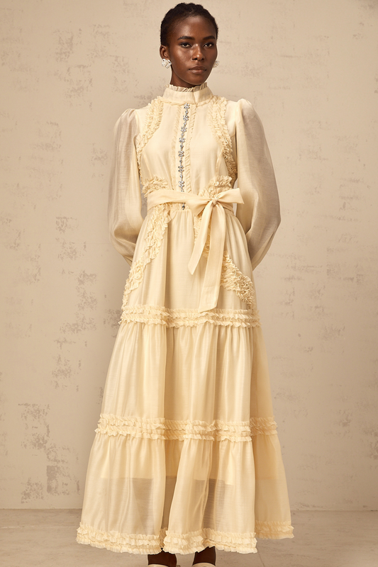 Marceline yellow ruffled-trim tiered midi dress