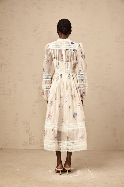 Vivienne white lace-trim floral-print midi dress