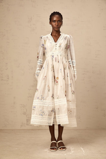 Vivienne white lace-trim floral-print midi dress