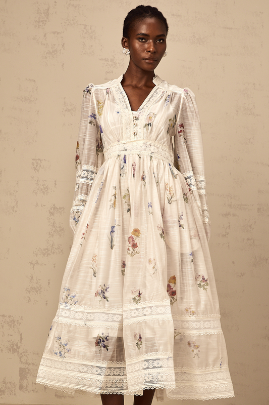 Vivienne white lace-trim floral-print midi dress