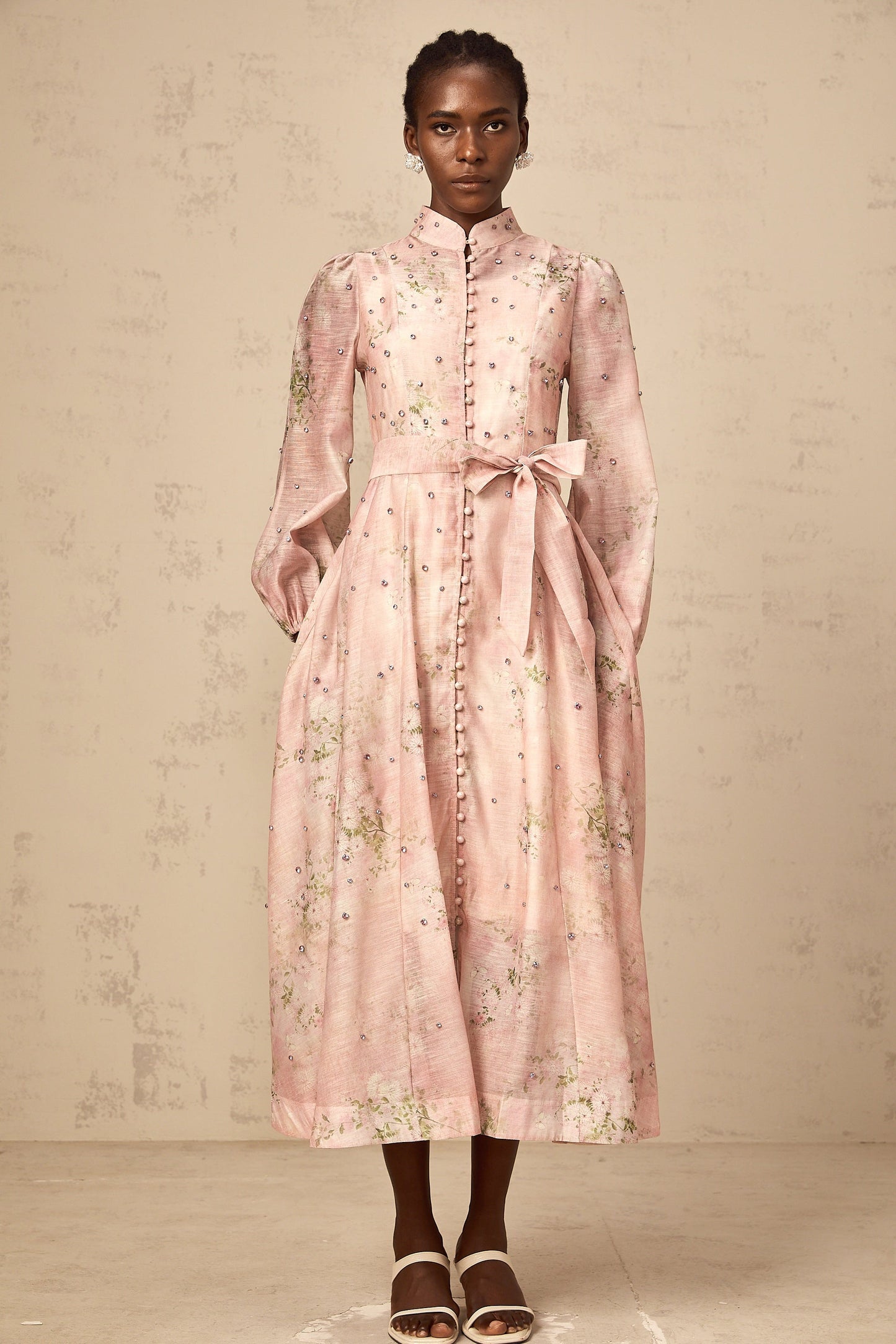 Narcisse pink embellished floral-print midi dress