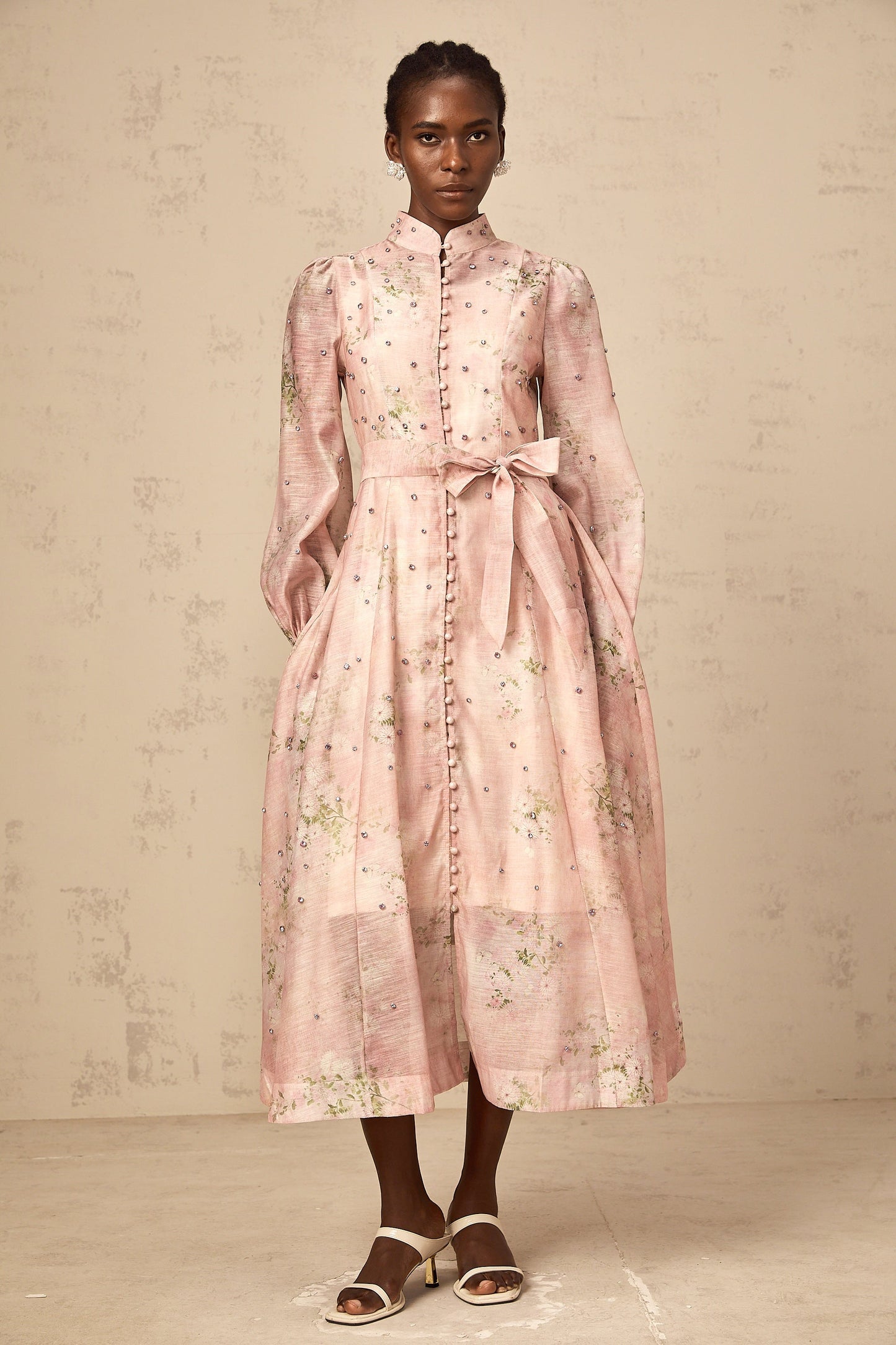 Narcisse pink embellished floral-print midi dress
