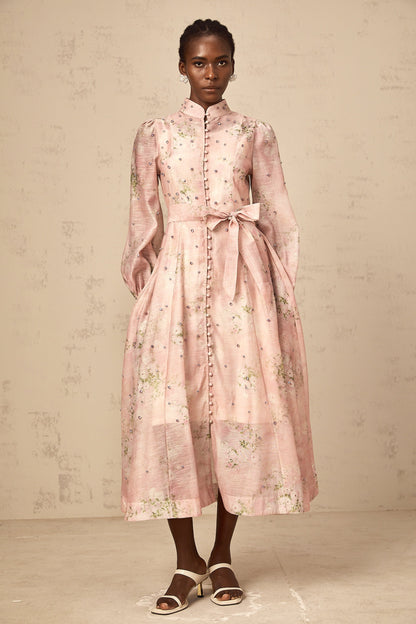 Narcisse pink embellished floral-print midi dress