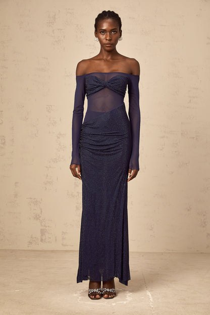 Hermine dark-blue embellished tulle-panel corset maxi dress