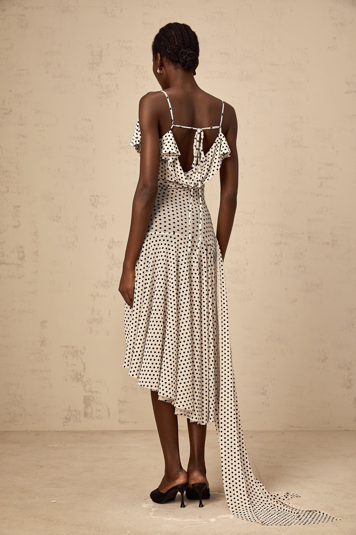 Véronica white polka-dot asymmetric midi dress