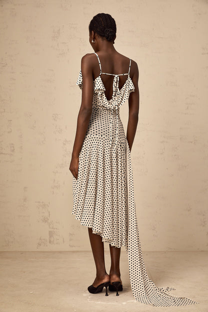 Véronica white polka-dot asymmetric midi dress