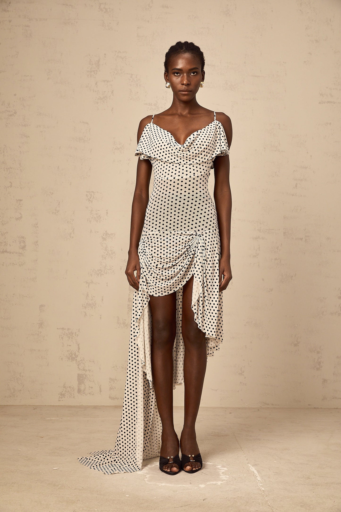 Véronica white polka-dot asymmetric midi dress