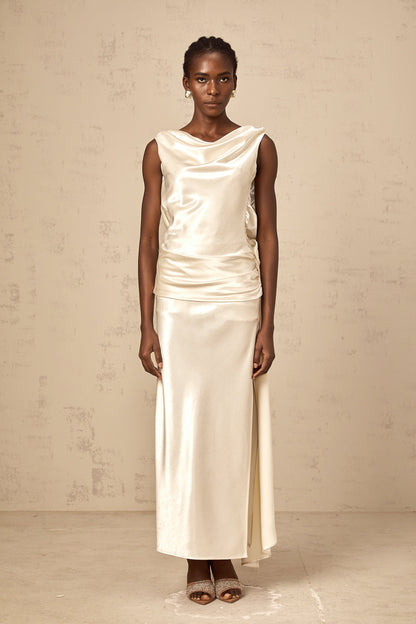 Théoline white flower backless satin midi dress