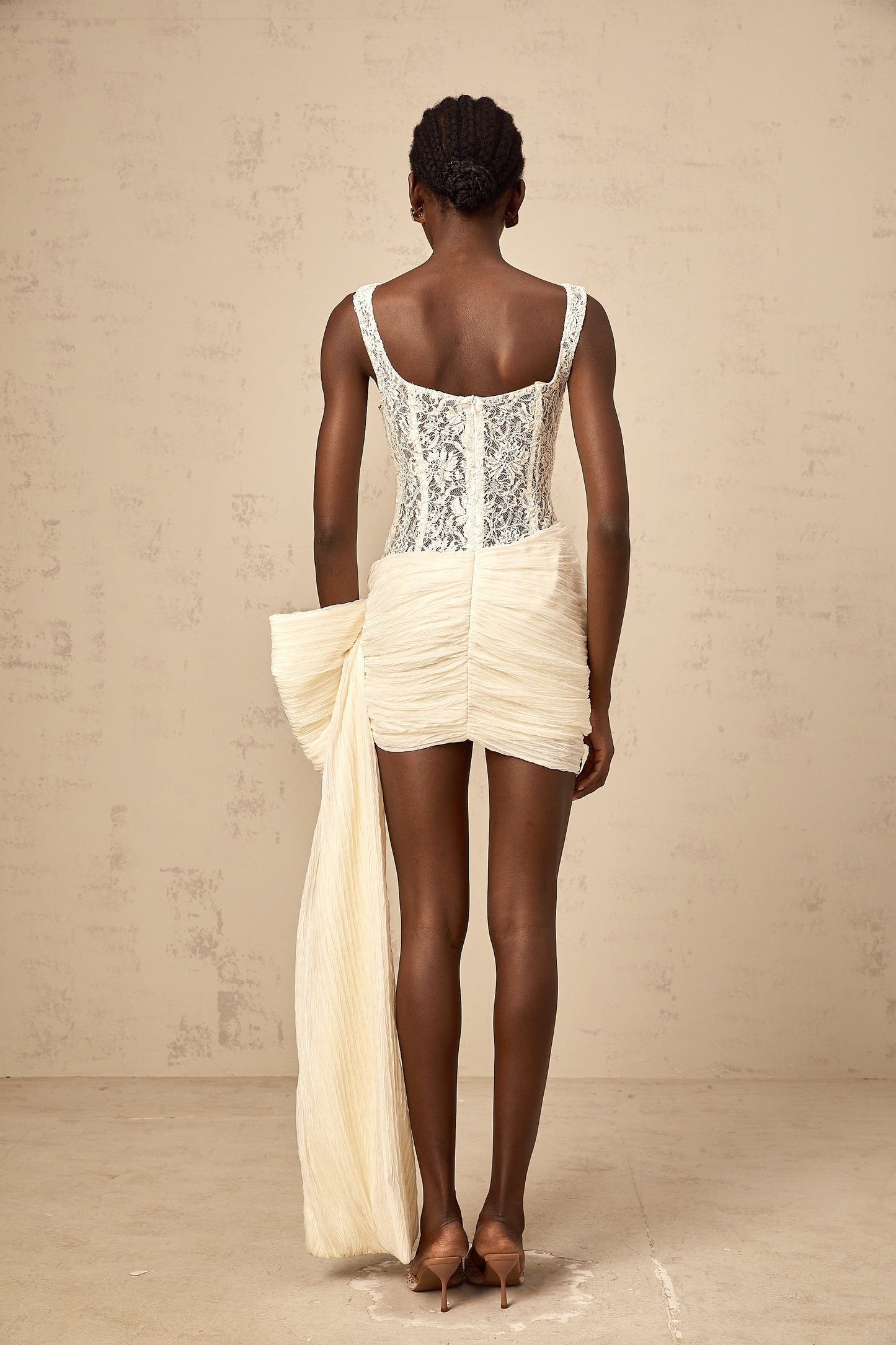 Gabrielle neutrals bowknot floral-lace-penal mini dress
