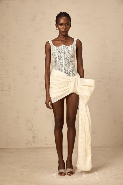 Gabrielle neutrals bowknot floral-lace-penal mini dress