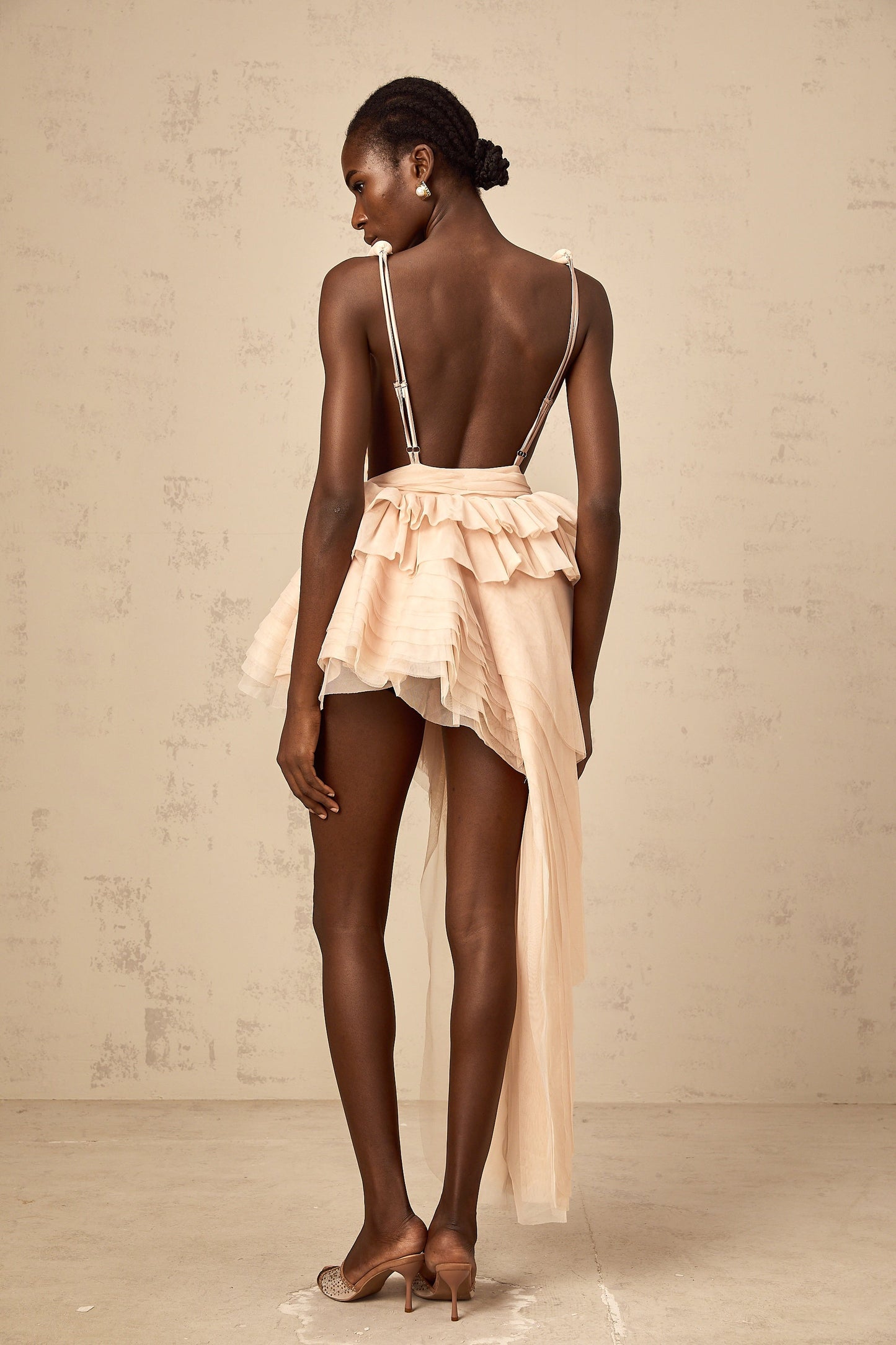 Isoline neutrals ribbon-design asymmetric mini dress
