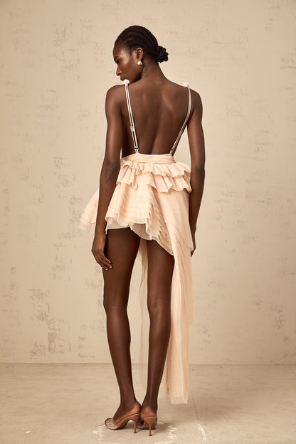 Isoline neutrals ribbon-design asymmetric mini dress