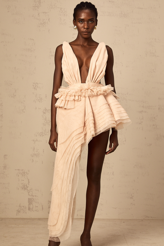 Isoline neutrals ribbon-design asymmetric mini dress