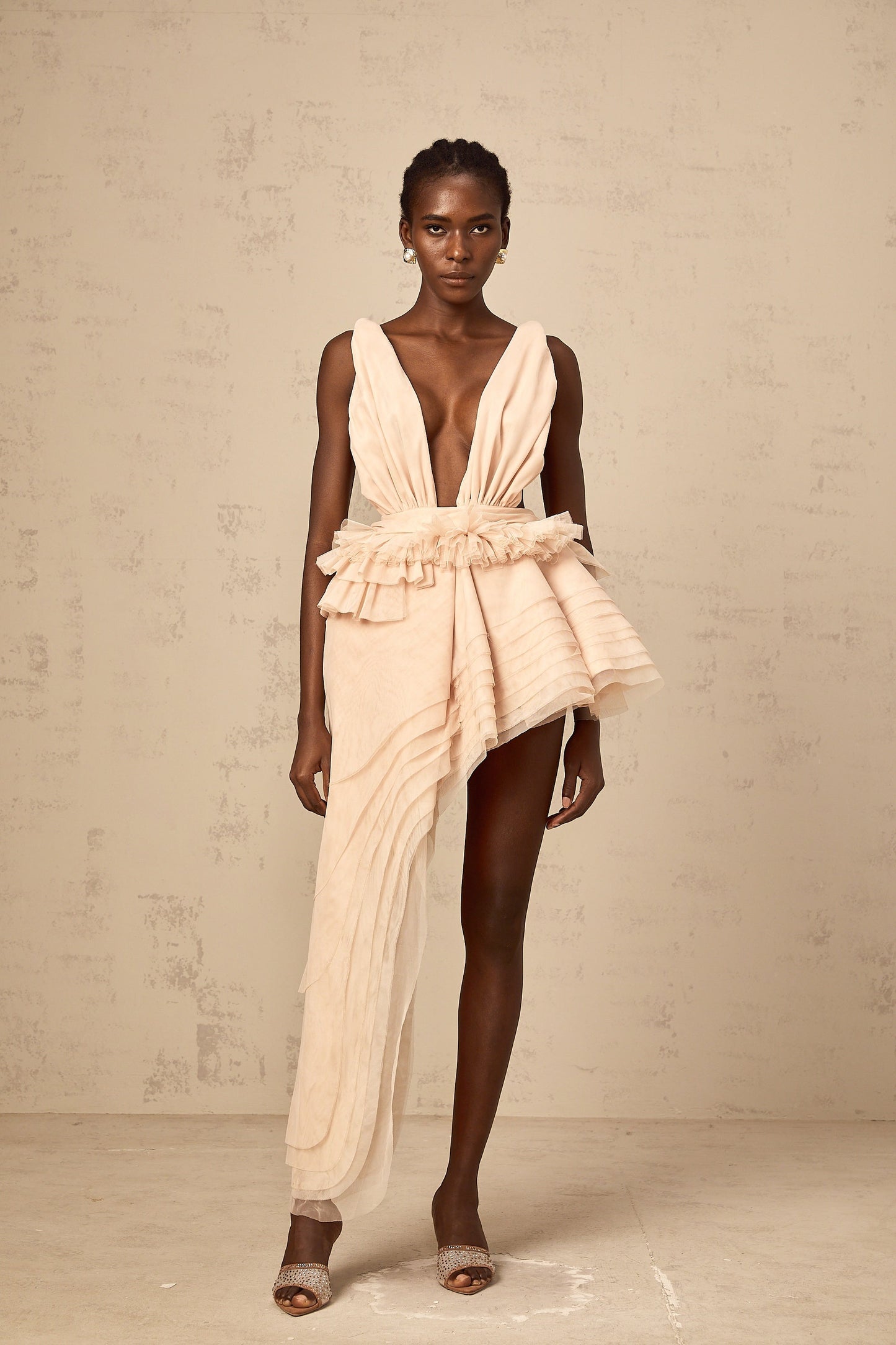 Isoline neutrals ribbon-design asymmetric mini dress