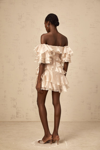 Cerise asymmetric flounce mini dress in Neutrals