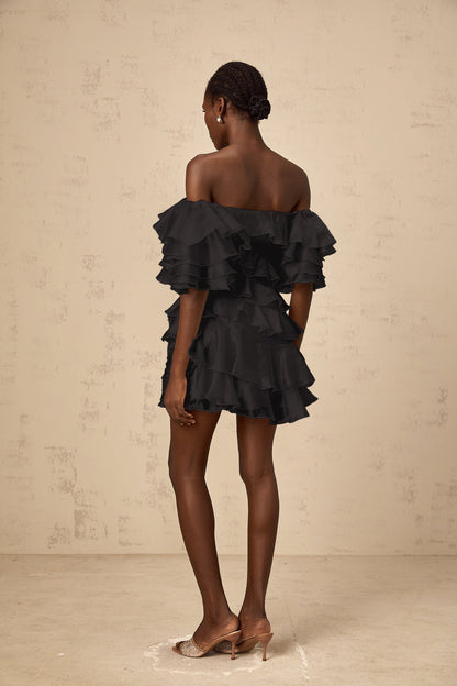 Cerise asymmetric flounce mini dress in Black