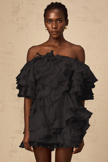 Cerise asymmetric flounce mini dress in Black