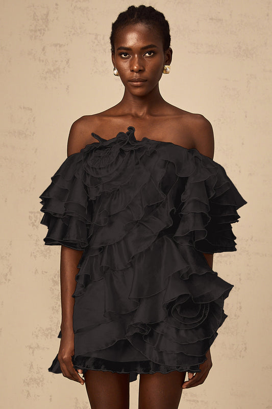 Cerise asymmetric flounce mini dress in Black
