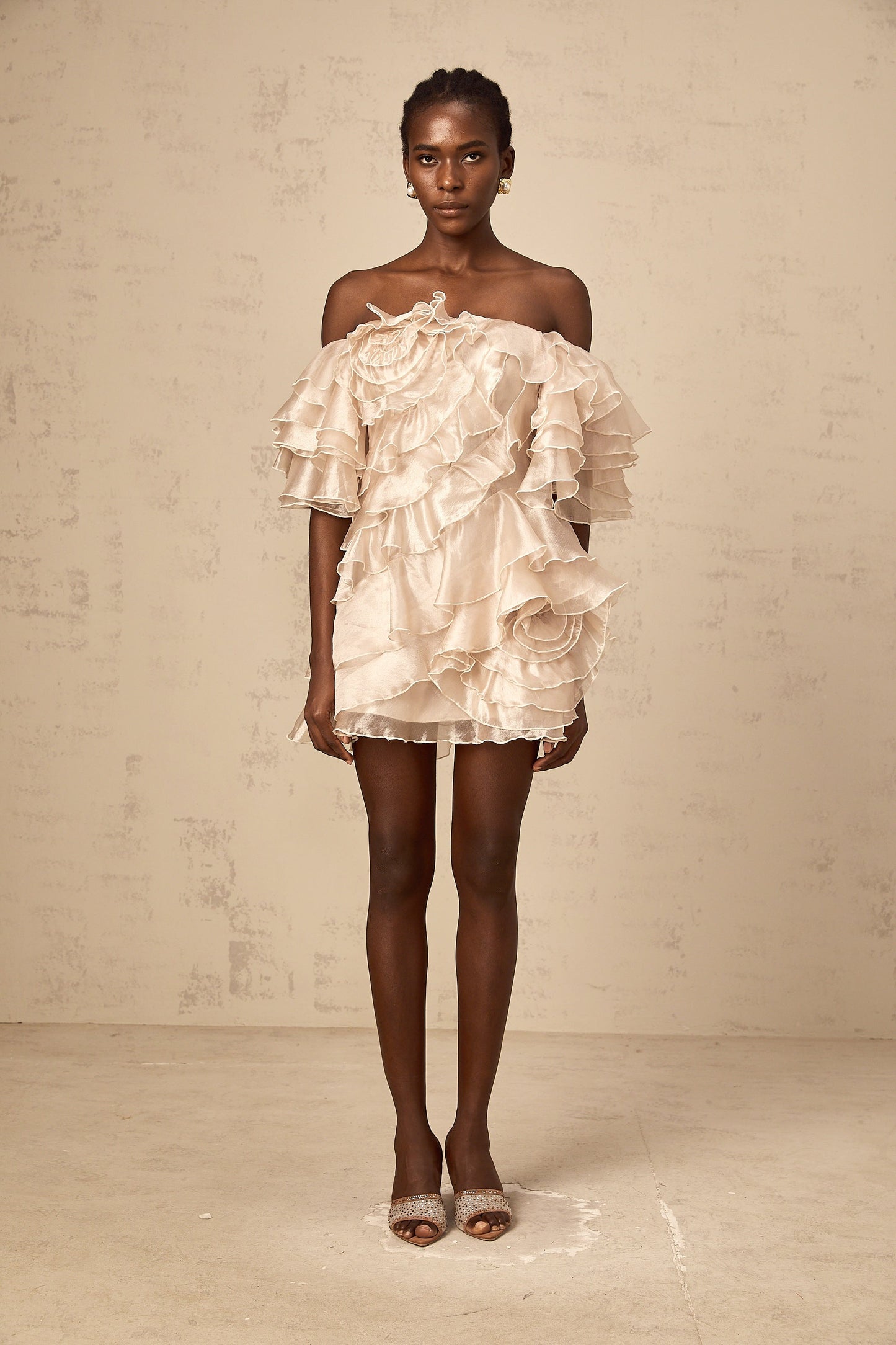 Cerise asymmetric flounce mini dress in Neutrals