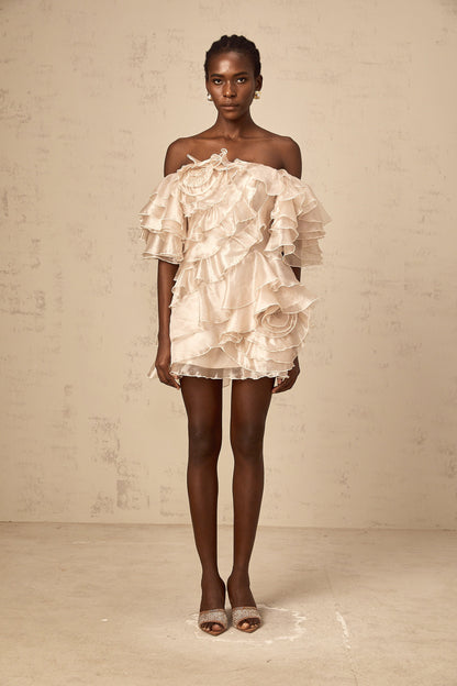 Cerise asymmetric flounce mini dress in Neutrals