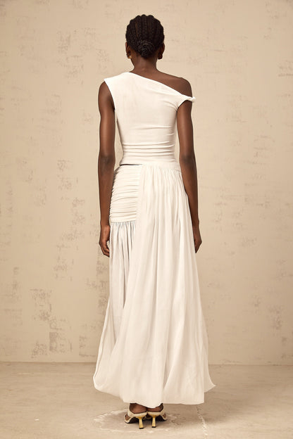 Eugenie white mono-shoulder shirred-panel maxi dress