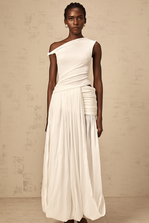 Eugenie white mono-shoulder shirred-panel maxi dress