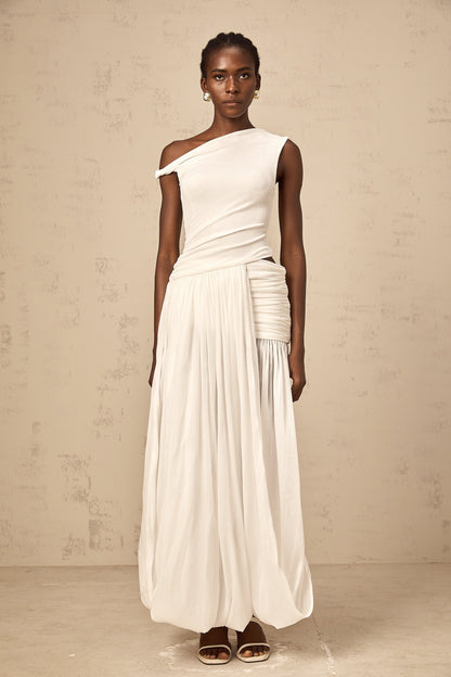 Eugenie white mono-shoulder shirred-panel maxi dress