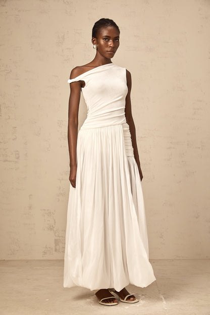 Eugenie white mono-shoulder shirred-panel maxi dress