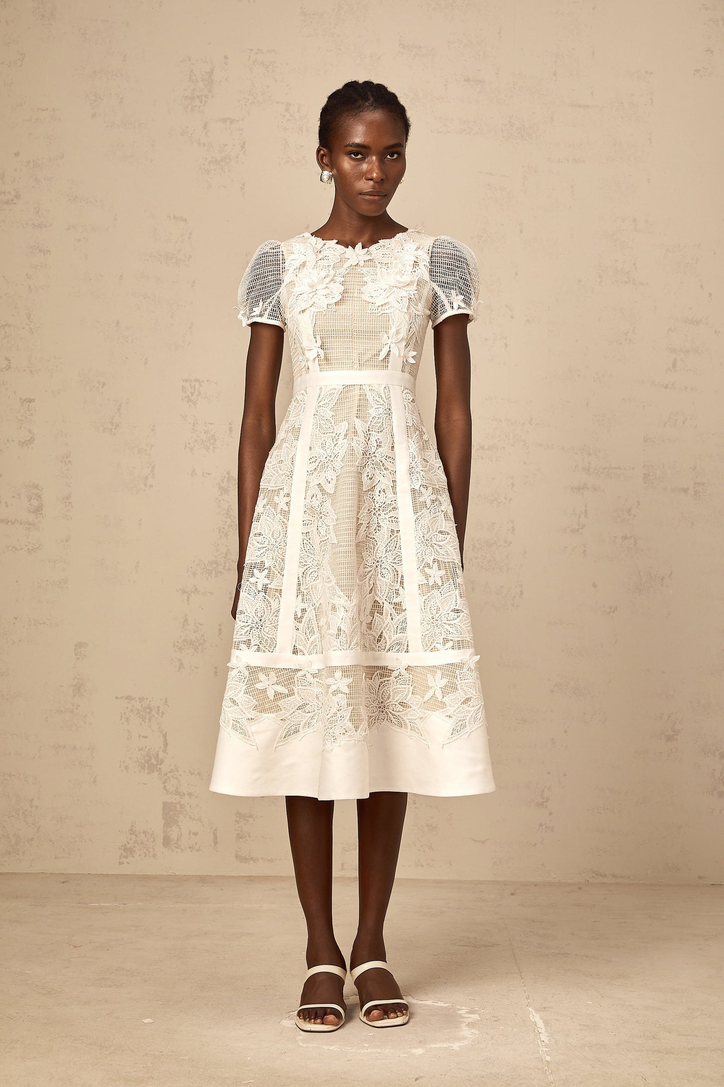 Clémence white flower-embroidery midi dress