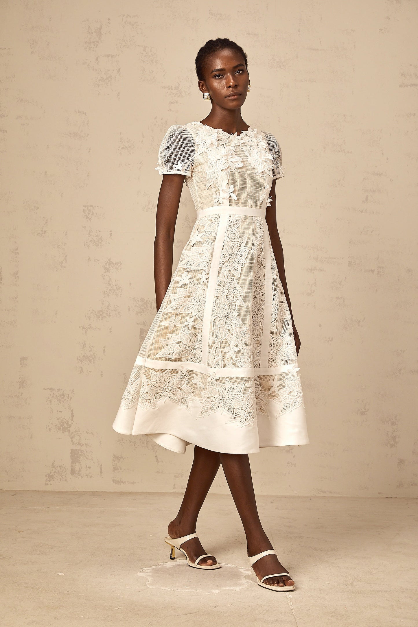 Clémence white flower-embroidery midi dress