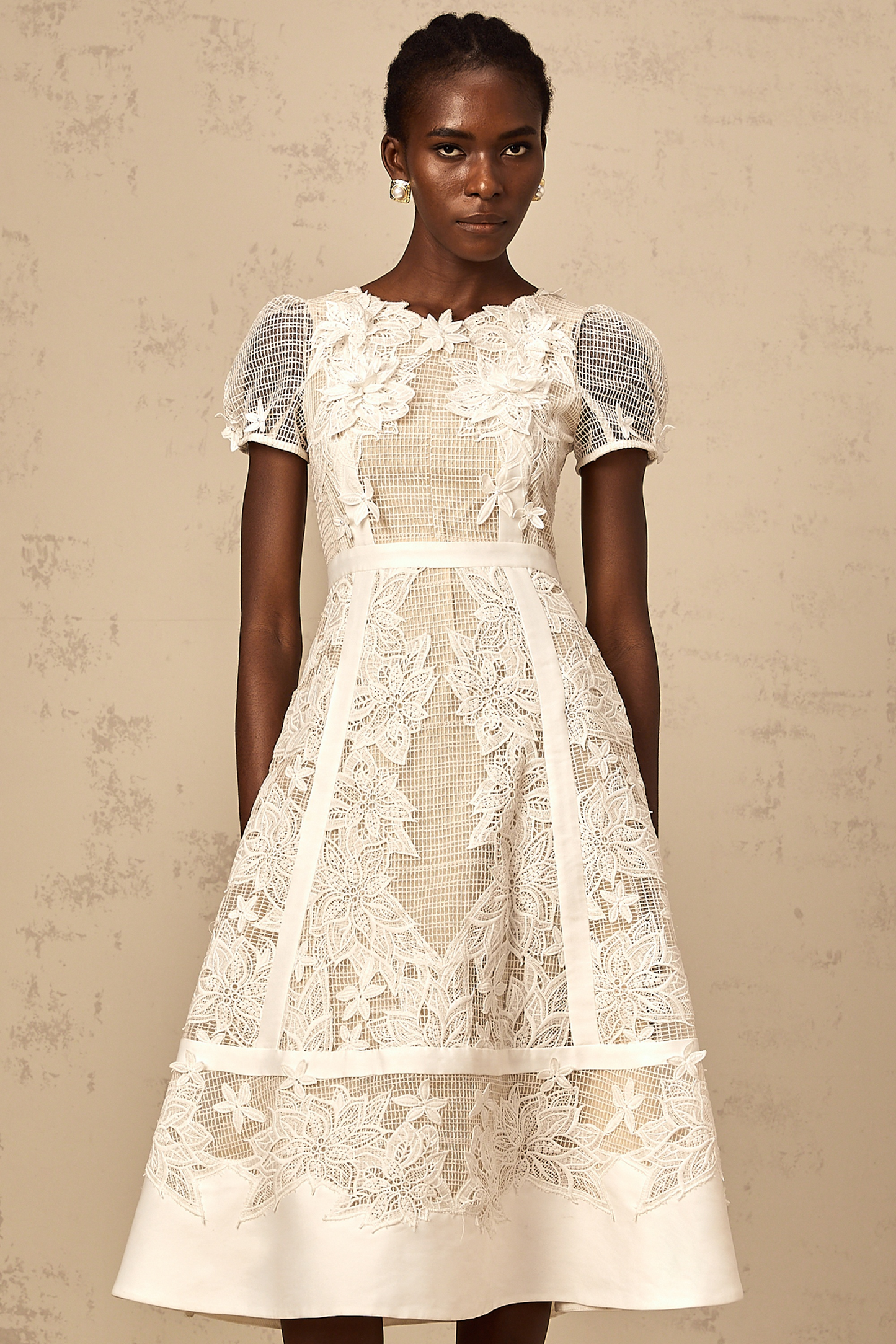 Clémence white flower-embroidery midi dress