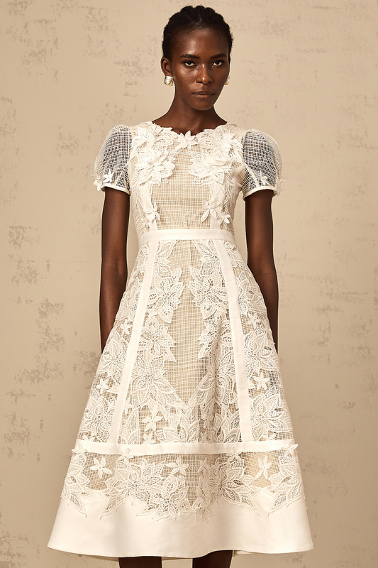 Clémence white flower-embroidery midi dress