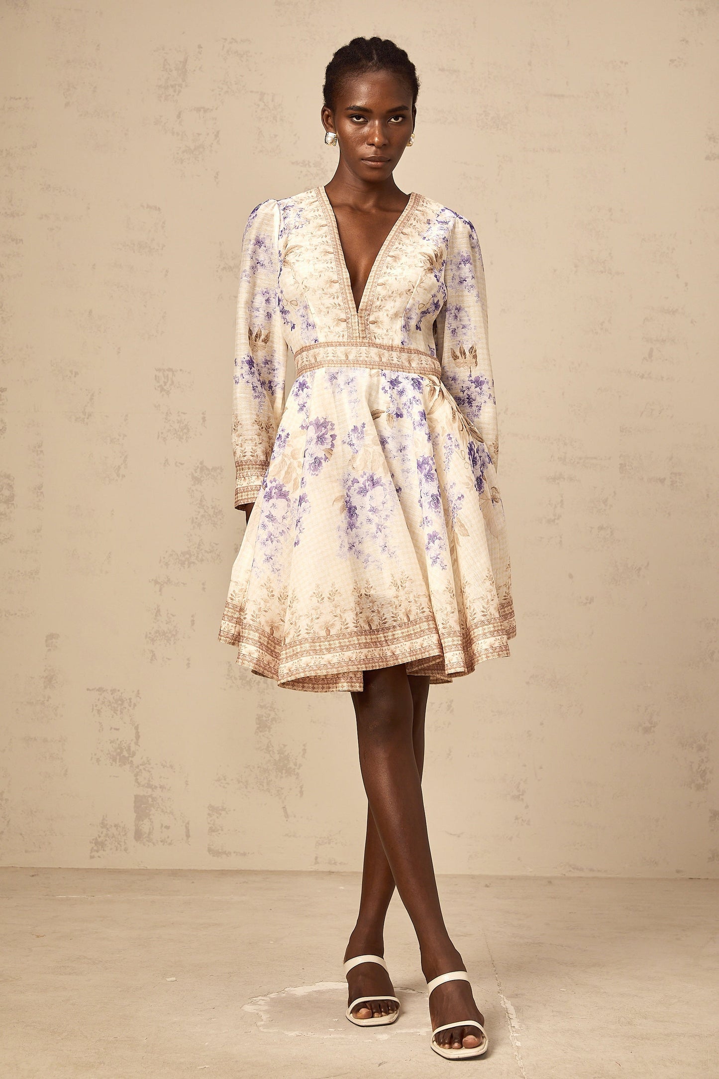 Abbie neutrals lilac-print V-neck mini dress