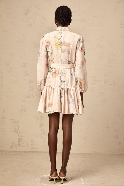Maia tied-waist floral-print mini dress in Neutrals