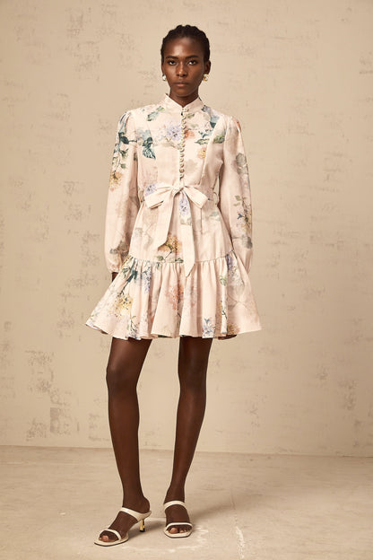 Maia tied-waist floral-print mini dress in Neutrals