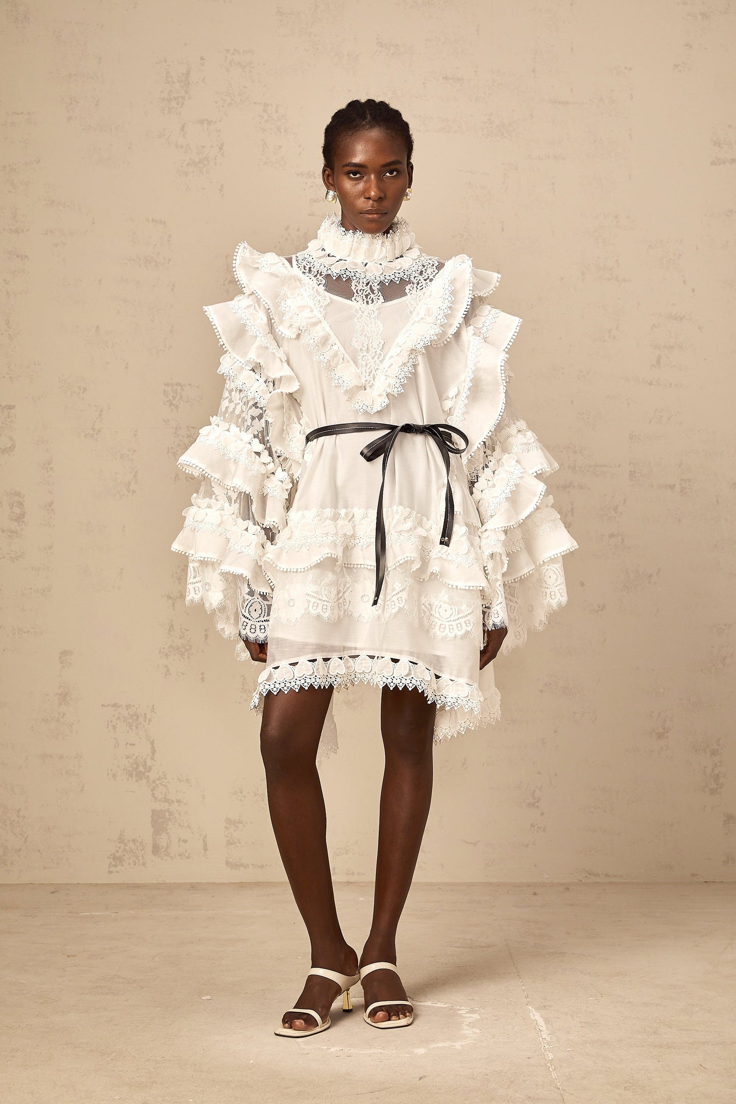 Mylène white tied layered lace mini dress