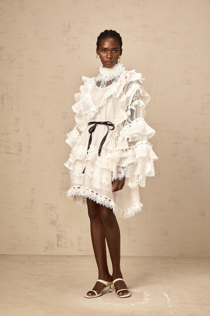 Mylène white tied layered lace mini dress