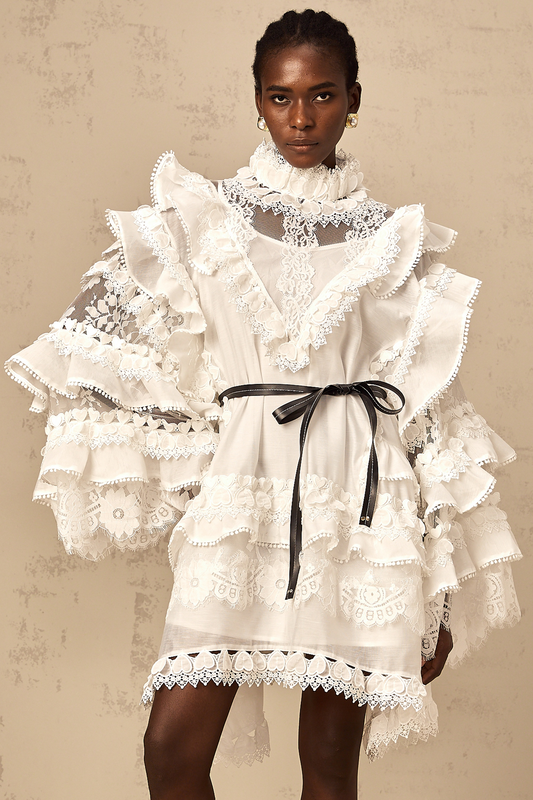 Mylène white tied layered lace mini dress