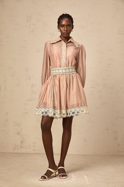 Zazie salmon-pink lace-trim shirt & skirt matching set