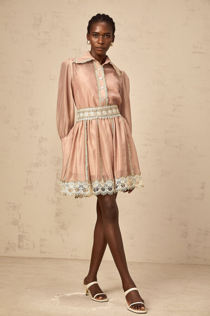 Zazie salmon-pink lace-trim shirt & skirt matching set