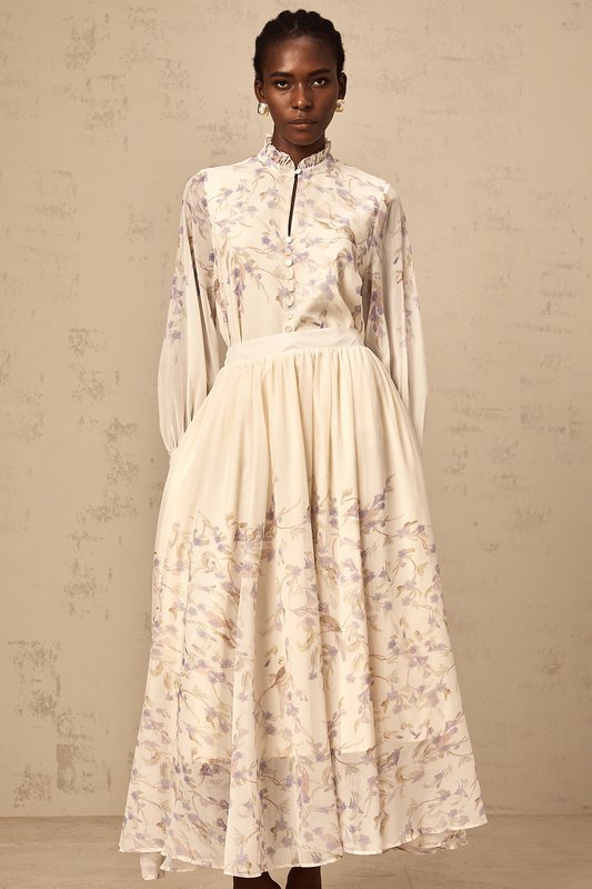 Siena frilled wistaria-print shirt & skirt matching set