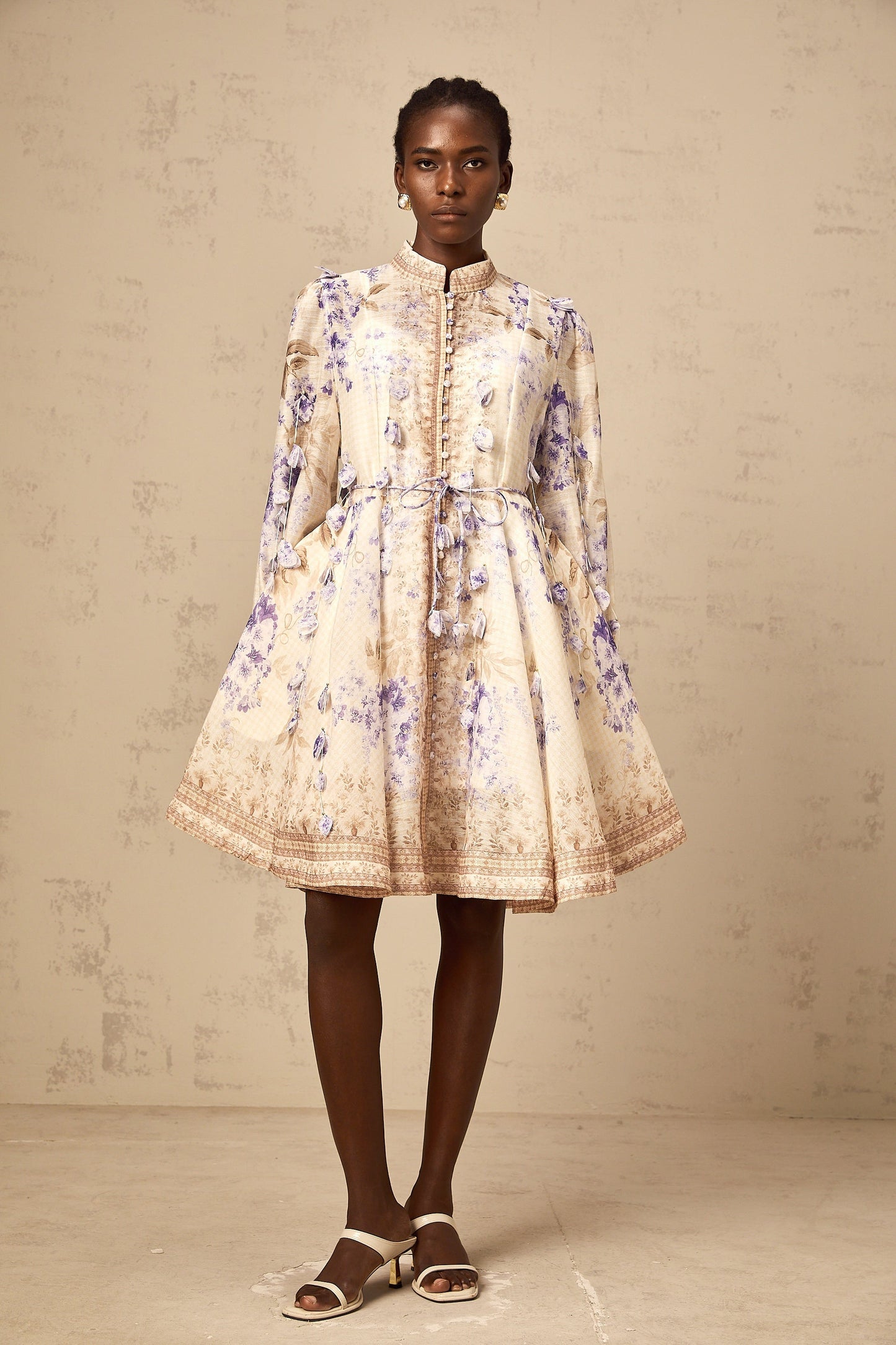 Amélie petal-detail floral-print mini dress in Neutrals