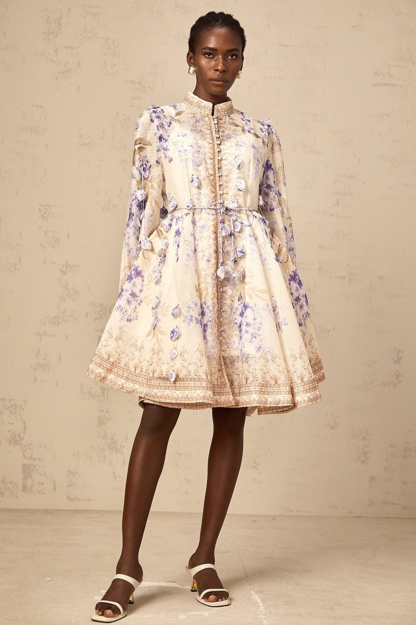 Amélie petal-detail floral-print mini dress in Neutrals