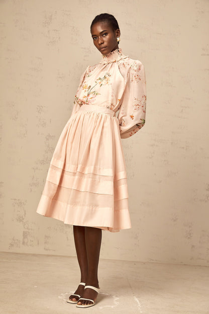 Natacha pink-beige floral-print blouse & skirt matching set