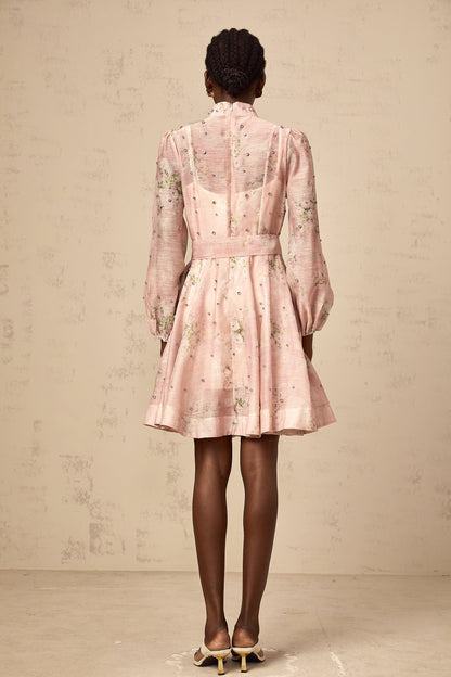 Narcisse pink embellished floral-print mini dress