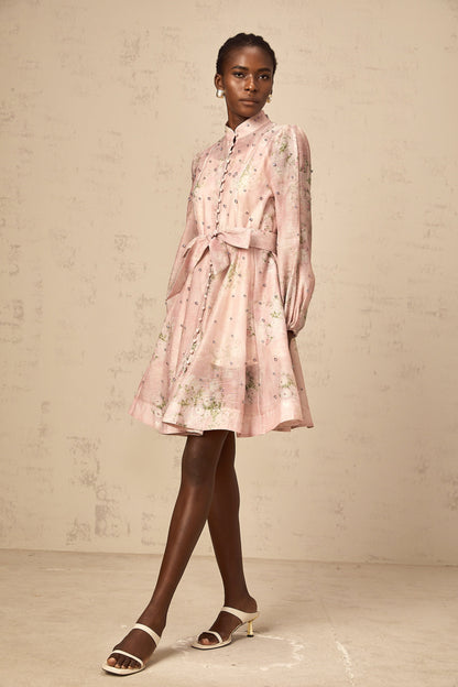 Narcisse pink embellished floral-print mini dress