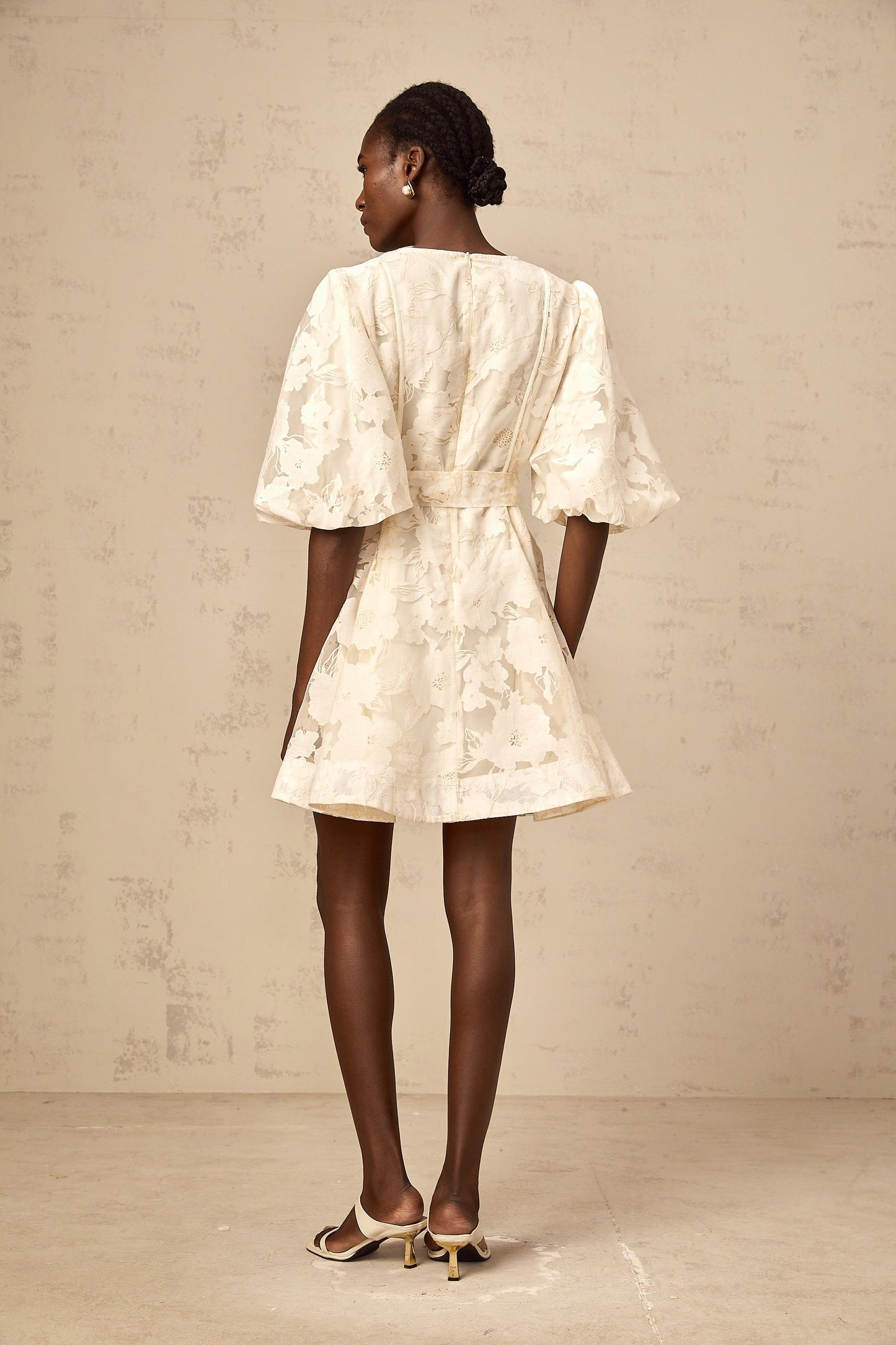 Osanne neutrals floral-jacquard flared mini dress
