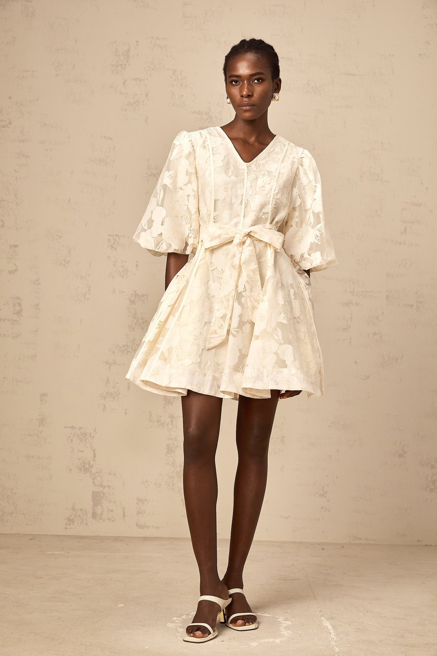 Osanne neutrals floral-jacquard flared mini dress
